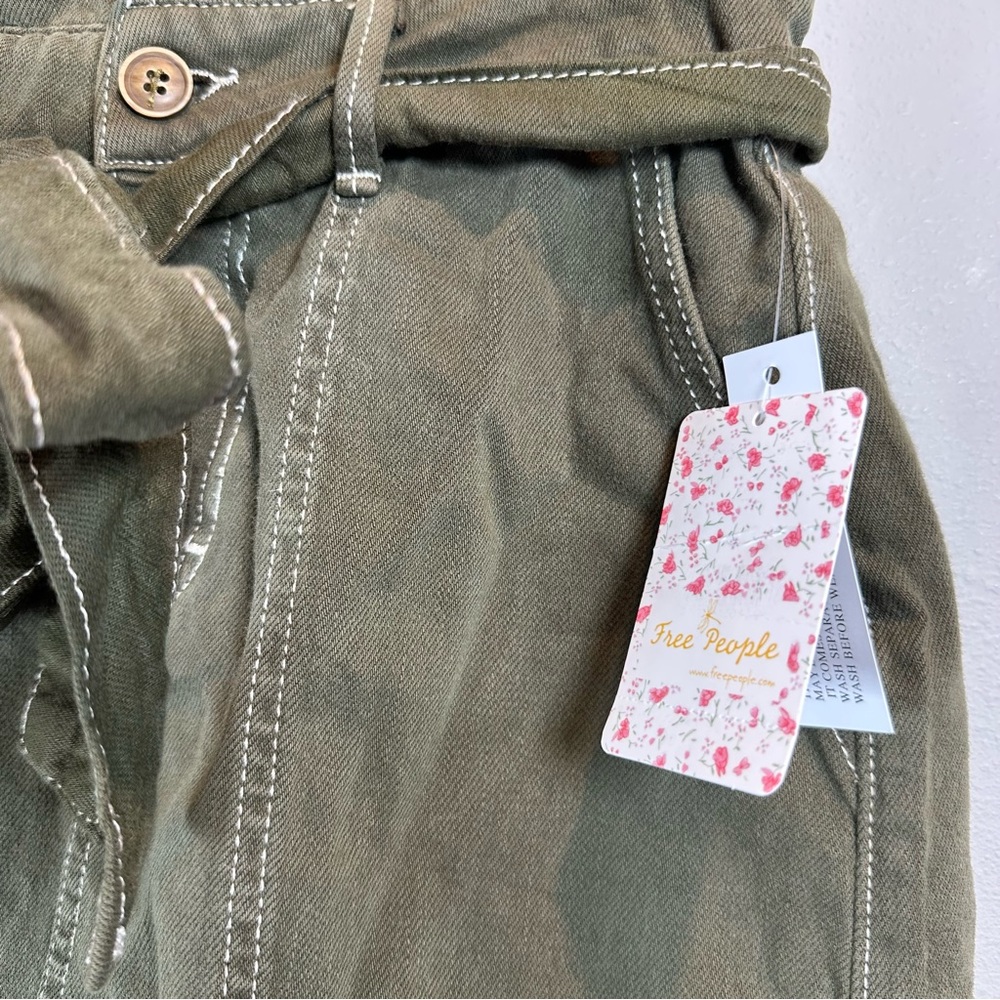 Free People Army Olive Green Paperbag Waist Belt Tie Boho Mini Skirt Pockets - Picture 5 of 11